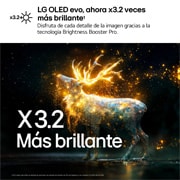 LG OLED evo AI C6 with Brightness Booster Pro shows a dark scene where glowing particles surrounding a deer silhouette, delivering up to 3.2x brighter peak brightness with higher luminance and clearer detail.